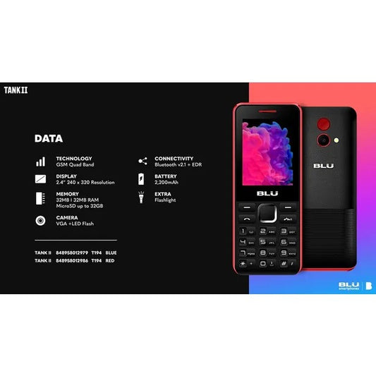 Celular Blu Tank II T196 2.4" Dual Sim - Verde oliva, Azul, Rojo y Gris